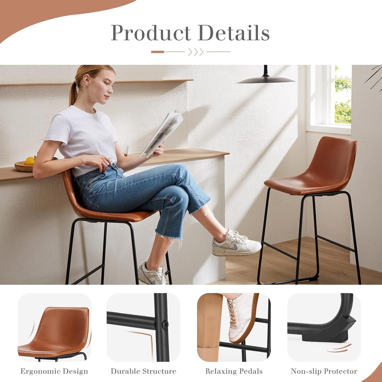 26 Inch Counter Height Bar Stools Set of 4, Modern Faux Leather High Barstools with Back and Metal Leg, Bar Chairs for Kitchen Lsland, Elegant Brown-4