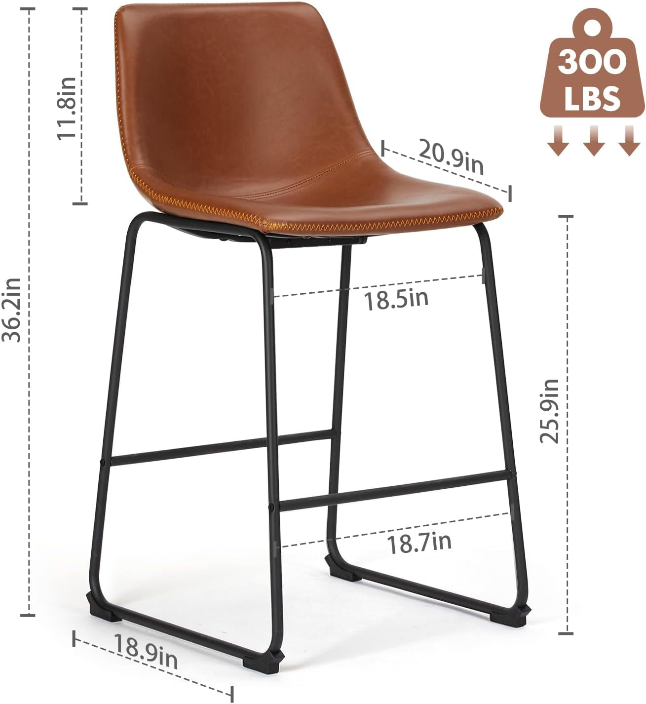 26 Inch Counter Height Bar Stools Set of 4, Modern Faux Leather High Barstools with Back and Metal Leg, Bar Chairs for Kitchen Lsland, Elegant Brown-1