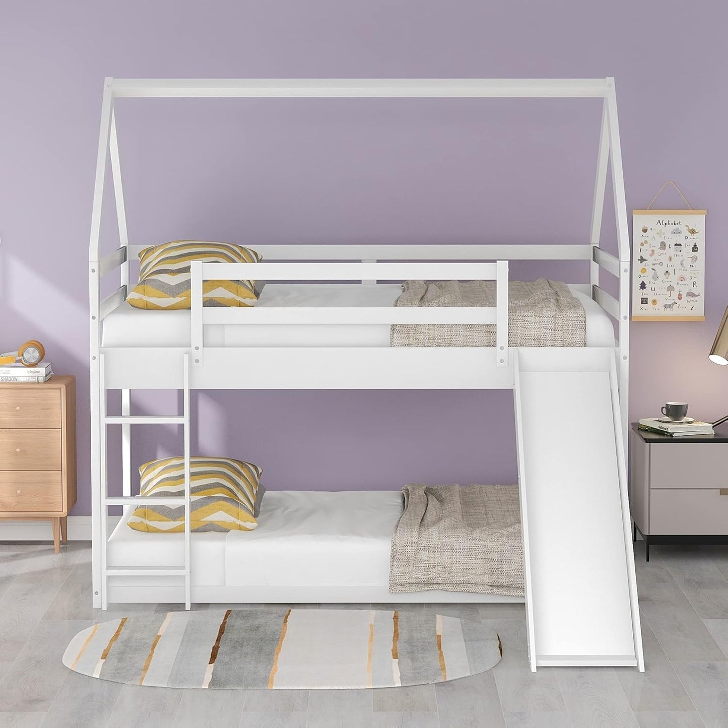 Twin Over Twin Low Bunk Bed with Slide, White-2