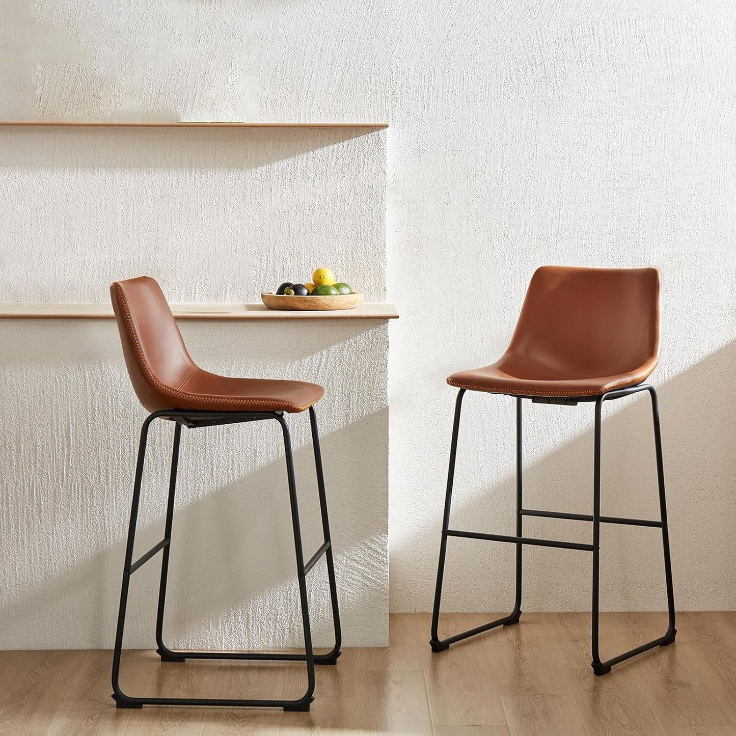 26 Inch Counter Height Bar Stools Set of 4, Modern Faux Leather High Barstools with Back and Metal Leg, Bar Chairs for Kitchen Lsland, Elegant Brown-2