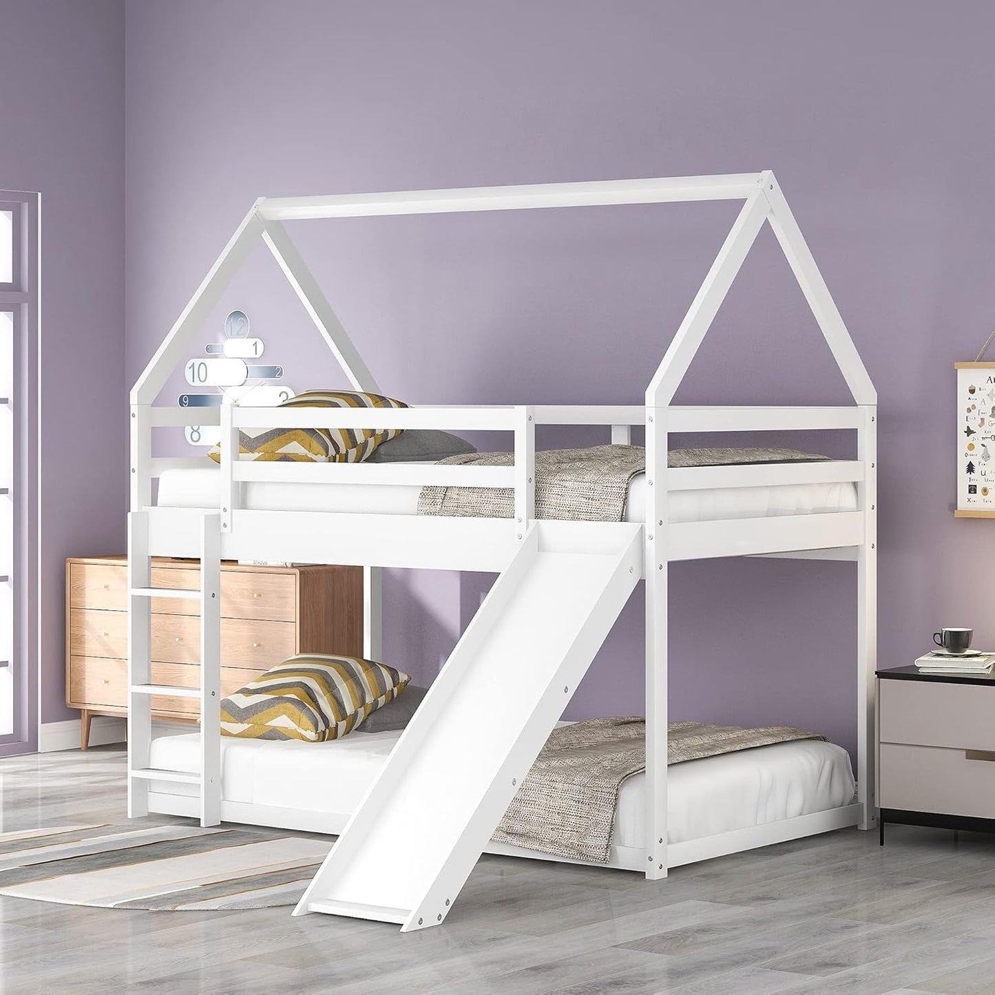 Twin Over Twin Low Bunk Bed with Slide, White-0