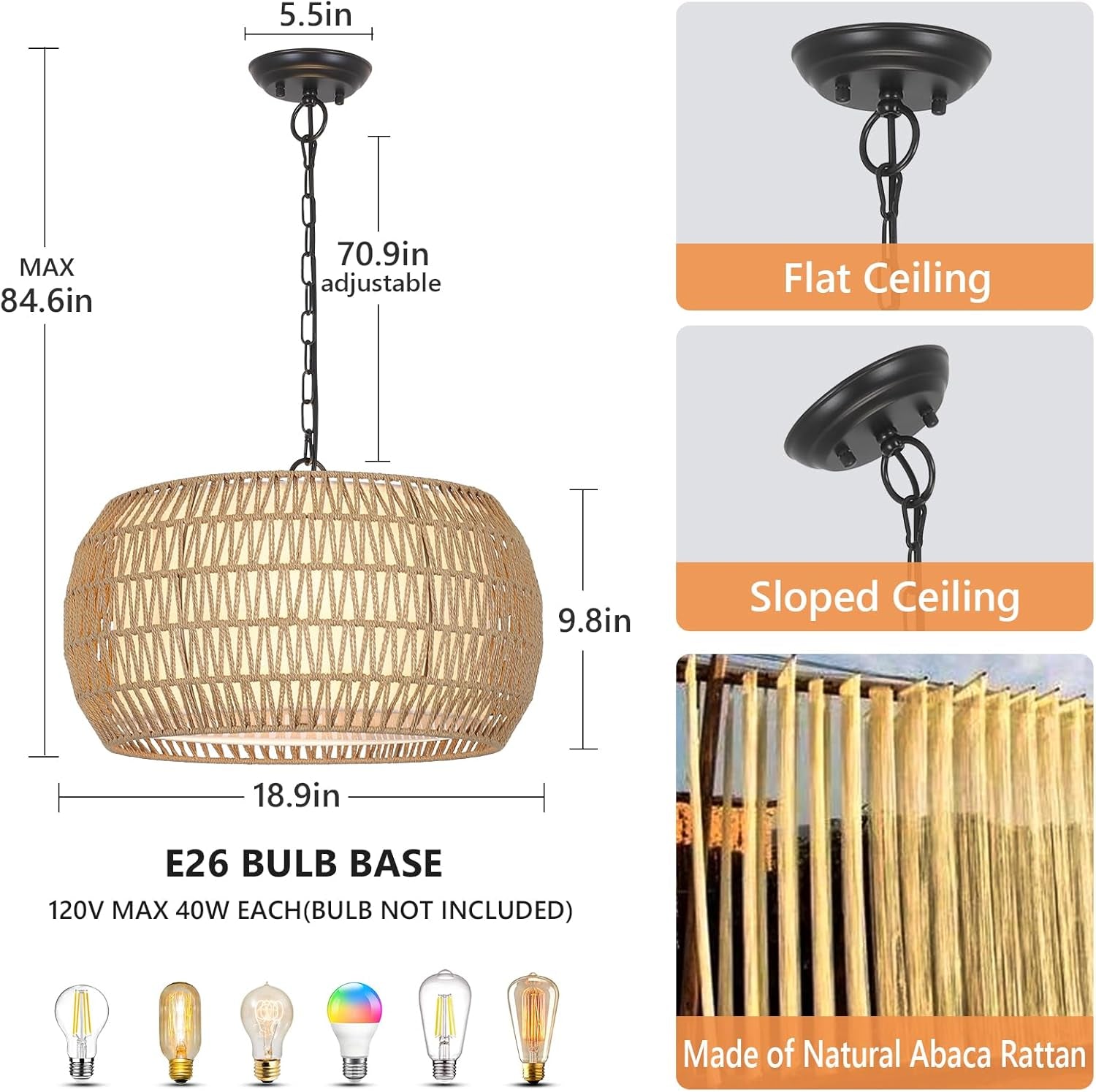 Rattan Farmhouse Chandelier Light Fixtures, 5-Lights Boho Large Pendant Light,Hand Woven Chandeliers for Dining Room with Fabric Shade,Rustic Chandeliers Hanging Light Fixtures for Kitchen Island-3