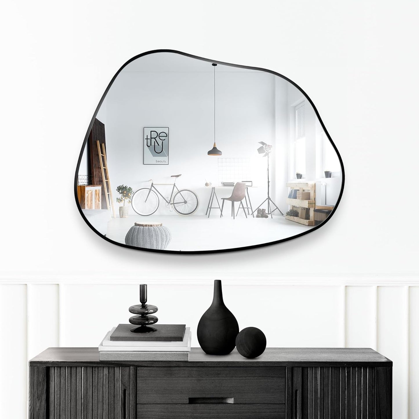 Asymmetrical Mirror with Irregular Wooden Frame, Ideal for Living Room, Bedroom, Bathroom, or Entryway over Sink Vanity, Can be Wall Mounted Horizontally or Vertically, Black Finish - Pluto-1