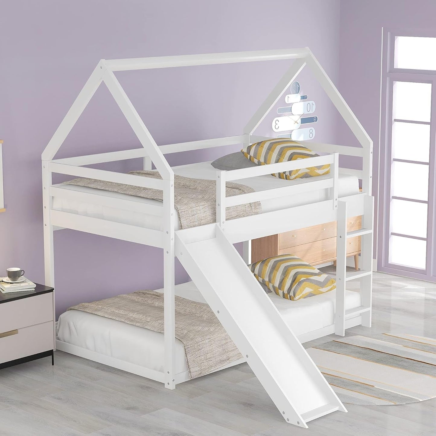 Twin Over Twin Low Bunk Bed with Slide, White-3