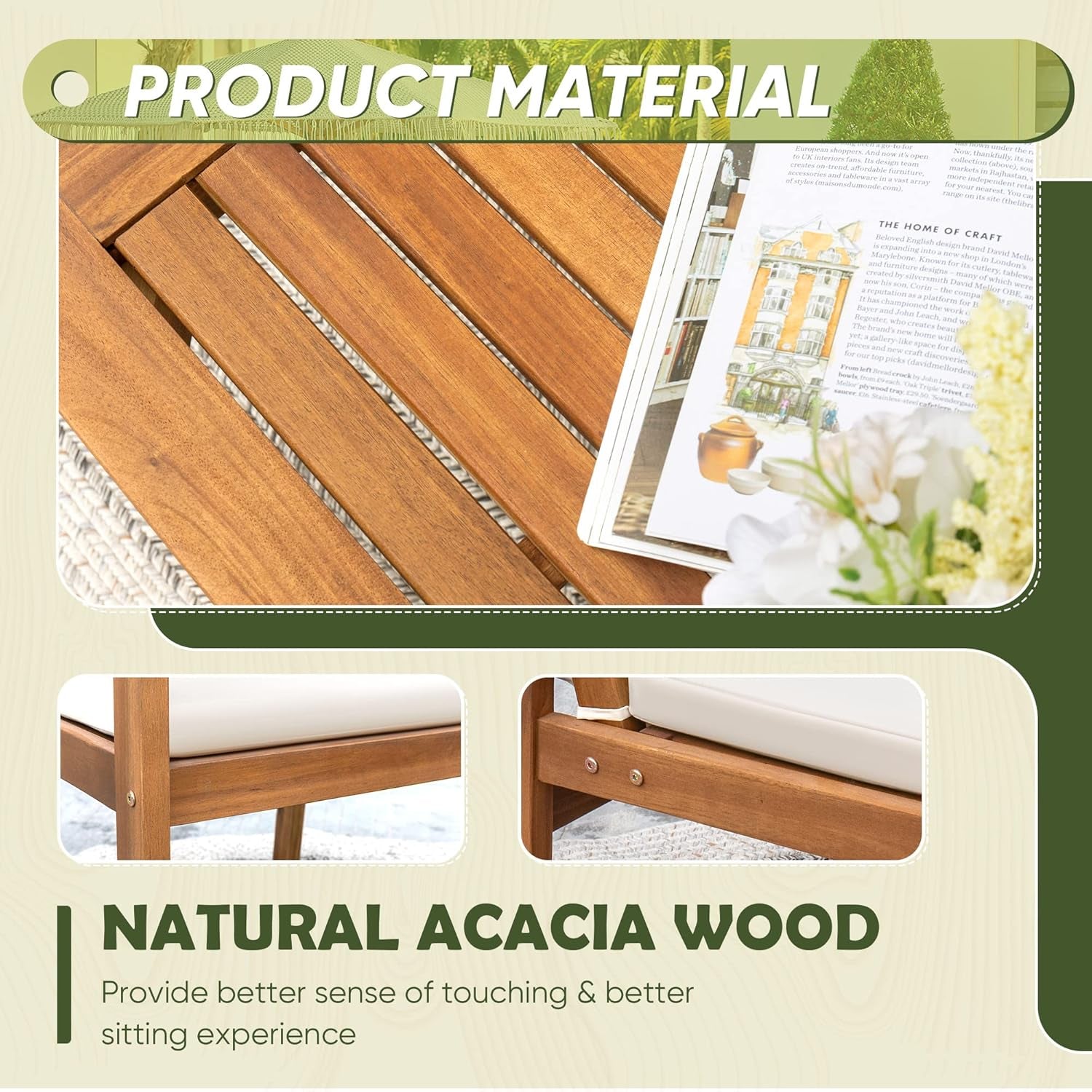 Patio Furniture 4 Piece Outdoor Acacia Wood Patio Conversation Sofa Set with Table & Cushions Porch Furniture for Deck, Balcony, Backyard-3