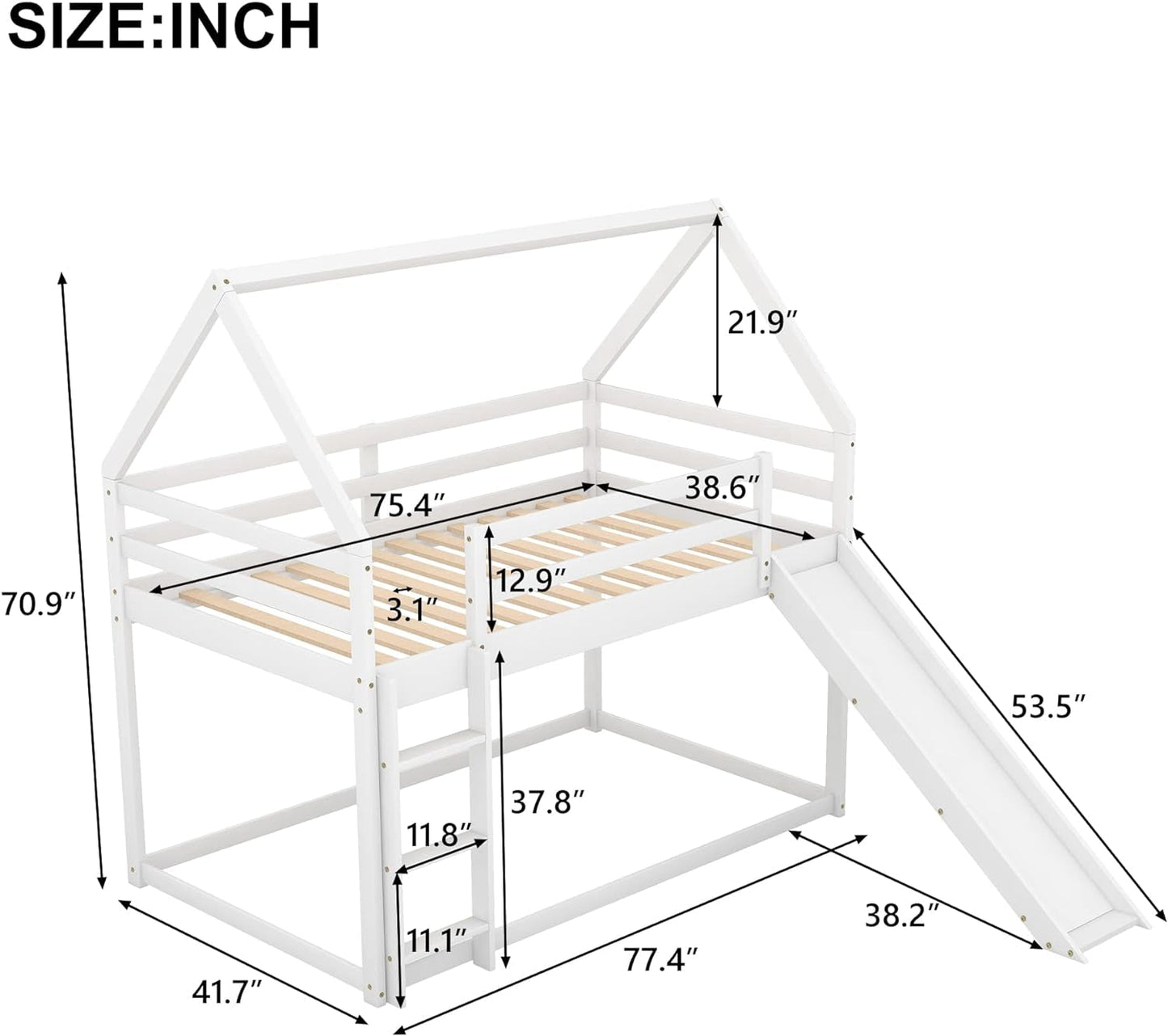 Twin Over Twin Low Bunk Bed with Slide, White-1