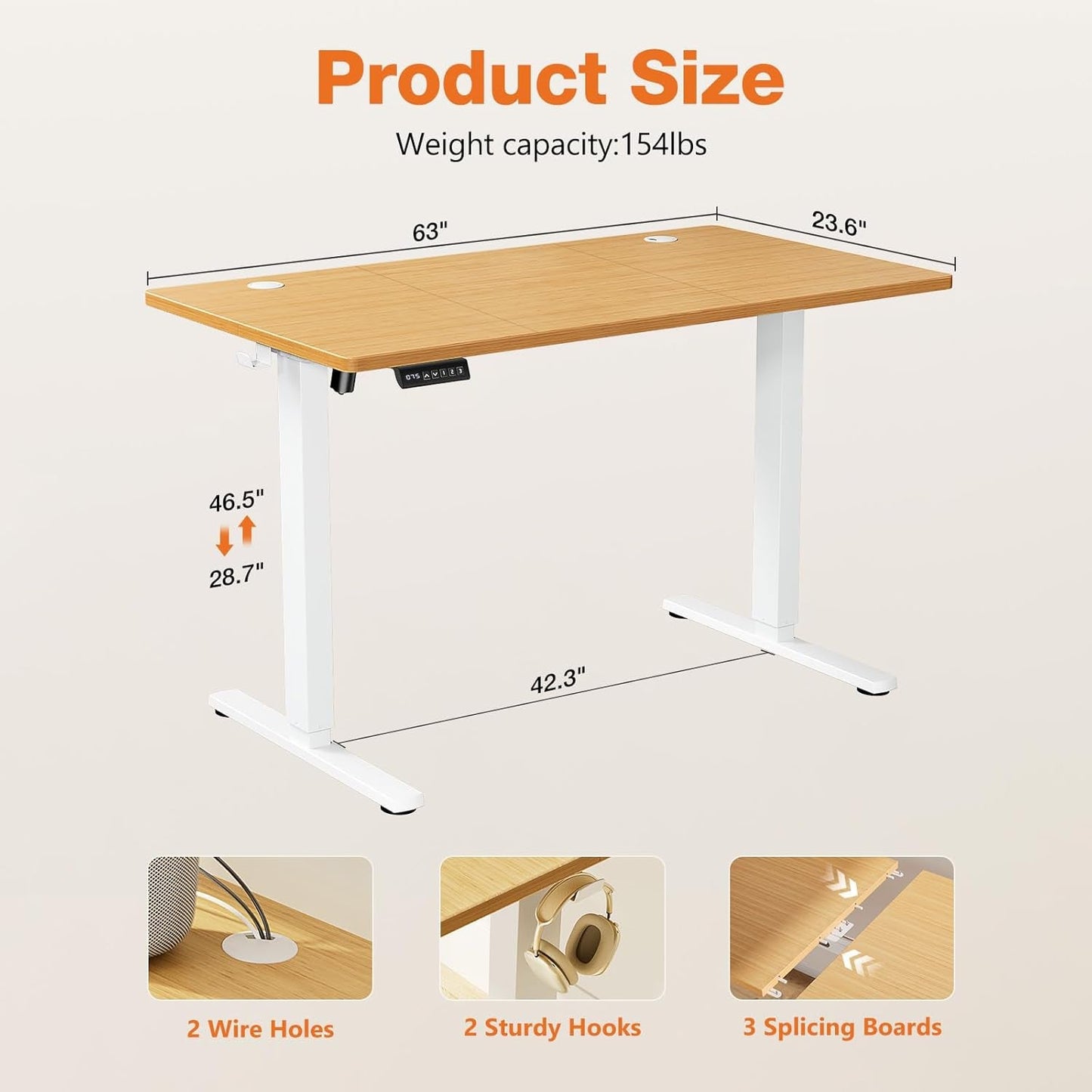 Standing Adjustable Height Desk, Electric 63 X 24 Inch Sit to Stand up Rising Computer Gaming Table with 3 Memory Presets, Splice Board, T-Shaped Bracket Home Office Workstation, Nature-2