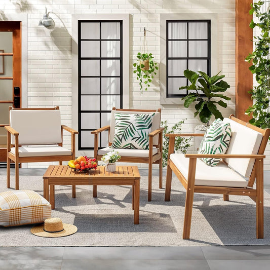 Patio Furniture 4 Piece Outdoor Acacia Wood Patio Conversation Sofa Set with Table & Cushions Porch Furniture for Deck, Balcony, Backyard-0