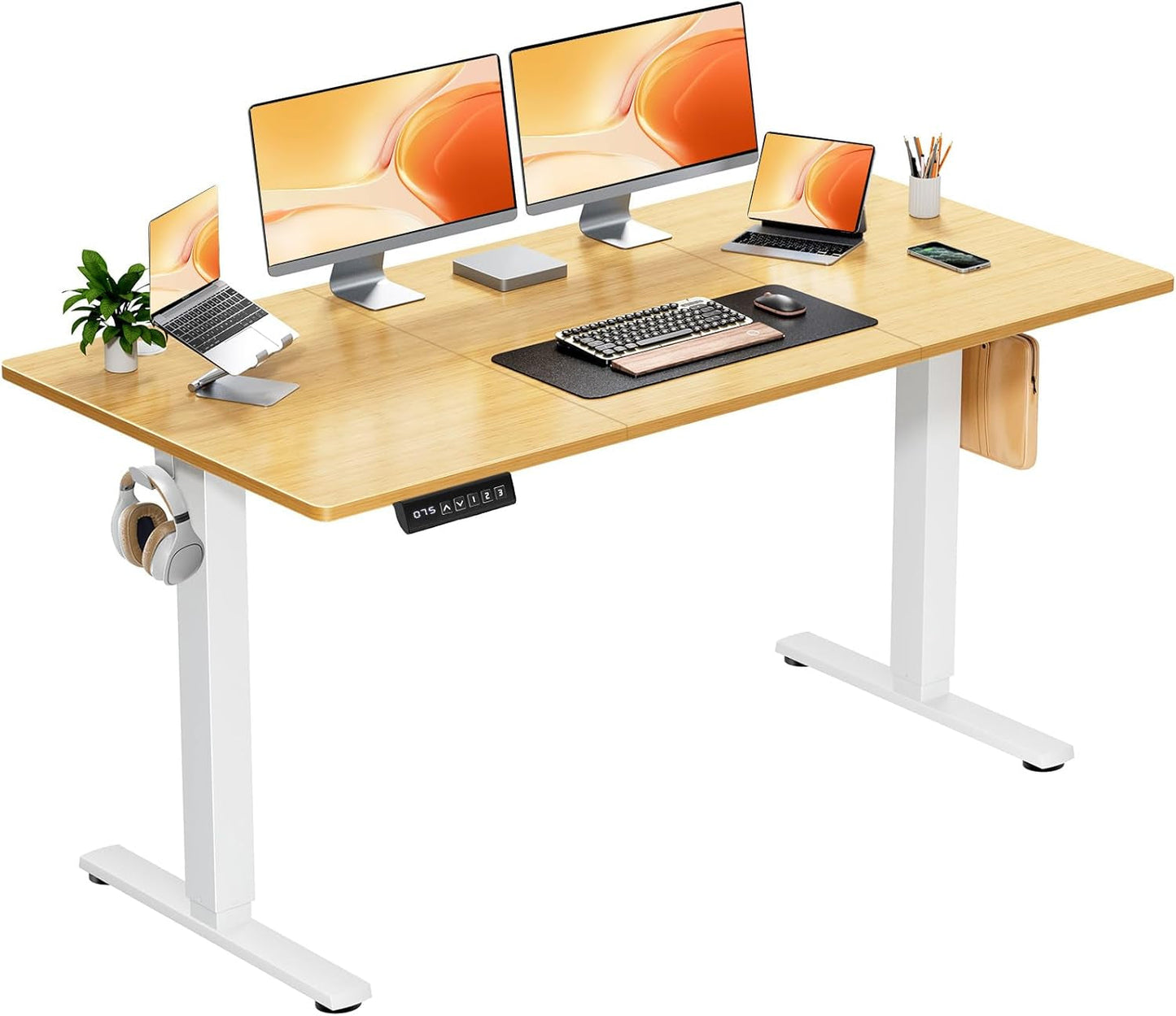 Standing Adjustable Height Desk, Electric 63 X 24 Inch Sit to Stand up Rising Computer Gaming Table with 3 Memory Presets, Splice Board, T-Shaped Bracket Home Office Workstation, Nature-0