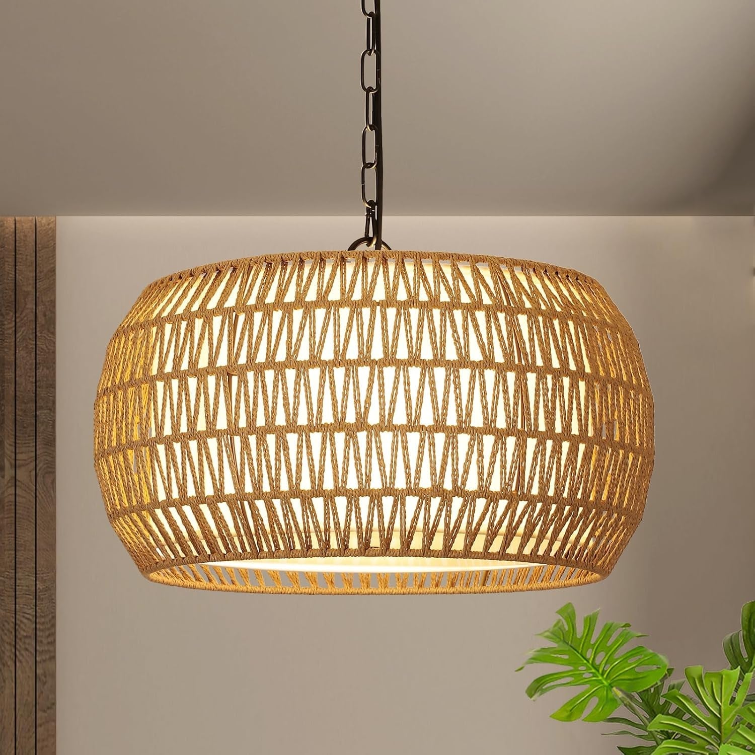 Rattan Farmhouse Chandelier Light Fixtures, 5-Lights Boho Large Pendant Light,Hand Woven Chandeliers for Dining Room with Fabric Shade,Rustic Chandeliers Hanging Light Fixtures for Kitchen Island-1