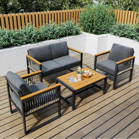 4 Pieces Outdoor Patio Furniture Set with Wicker Handrails, Plastic-Wood Balcony Furniture with Wicker Arm Panel, All-Weather Metal Outdoor Furniture Set with Cushion and Coffee Table-0