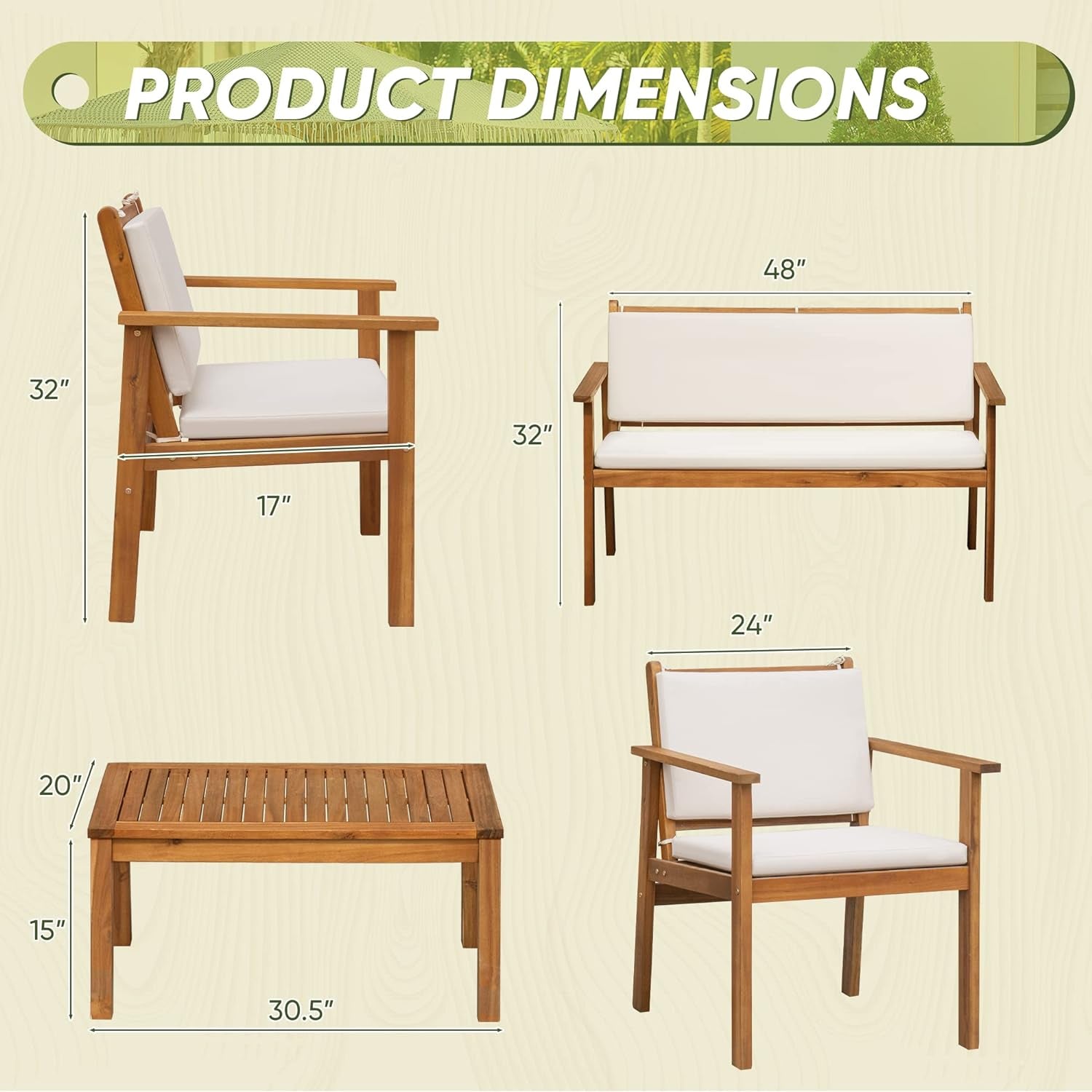 Patio Furniture 4 Piece Outdoor Acacia Wood Patio Conversation Sofa Set with Table & Cushions Porch Furniture for Deck, Balcony, Backyard-2