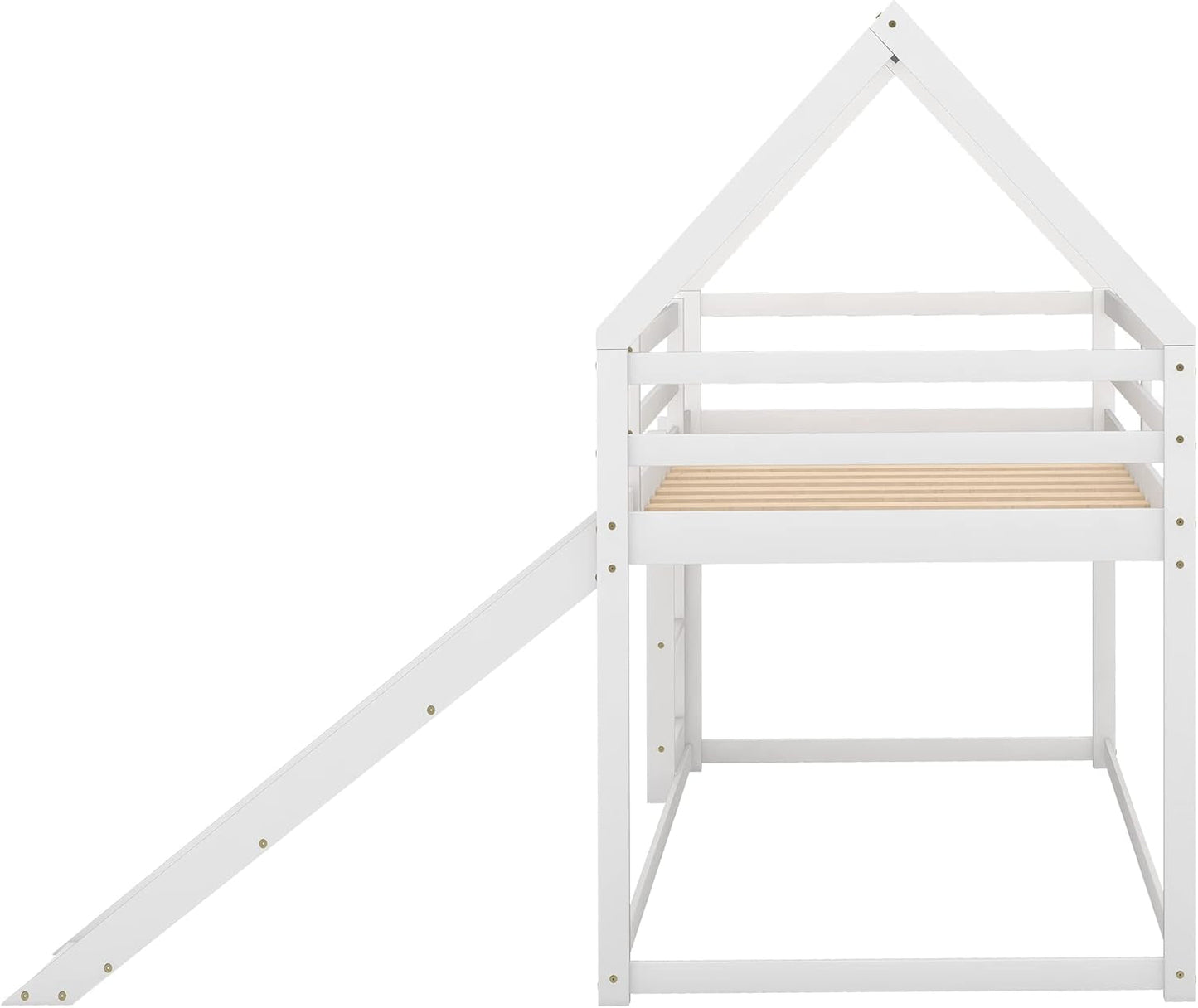 Twin Over Twin Low Bunk Bed with Slide, White-4