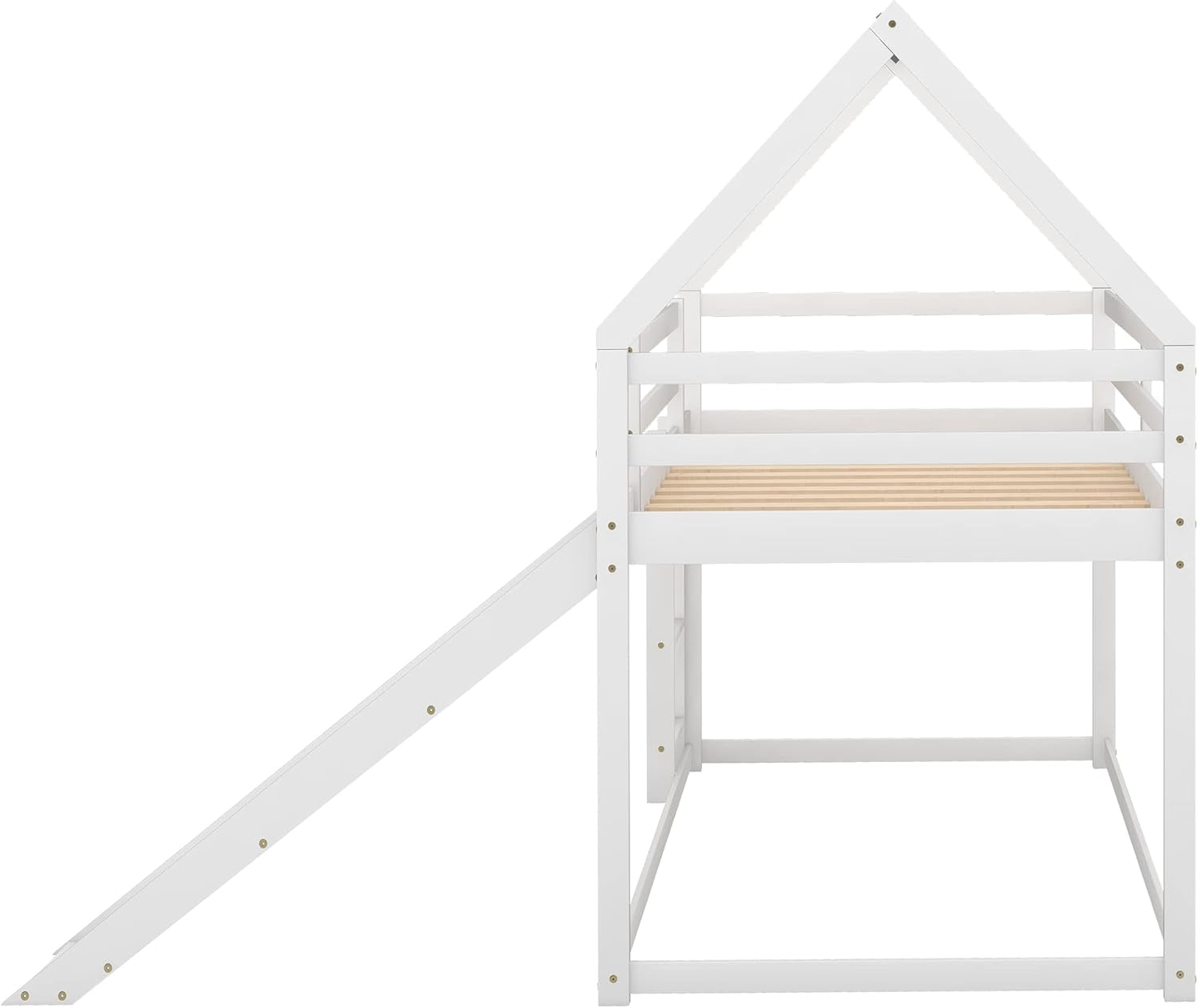 Twin Over Twin Low Bunk Bed with Slide, White-4