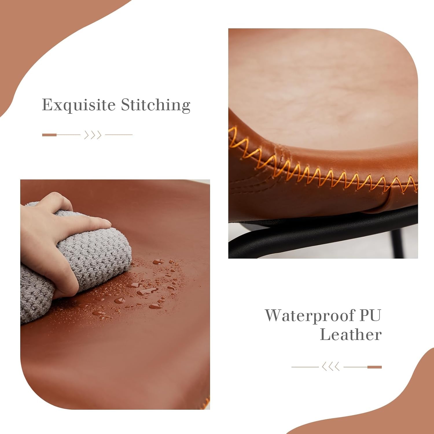 26 Inch Counter Height Bar Stools Set of 4, Modern Faux Leather High Barstools with Back and Metal Leg, Bar Chairs for Kitchen Lsland, Elegant Brown-3