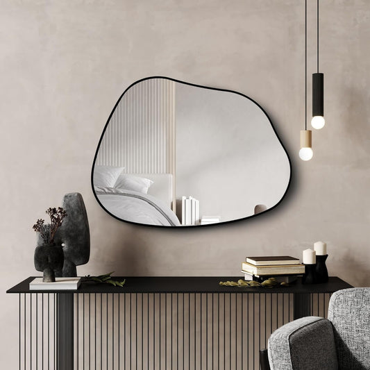 Asymmetrical Mirror with Irregular Wooden Frame, Ideal for Living Room, Bedroom, Bathroom, or Entryway over Sink Vanity, Can be Wall Mounted Horizontally or Vertically, Black Finish - Pluto-0